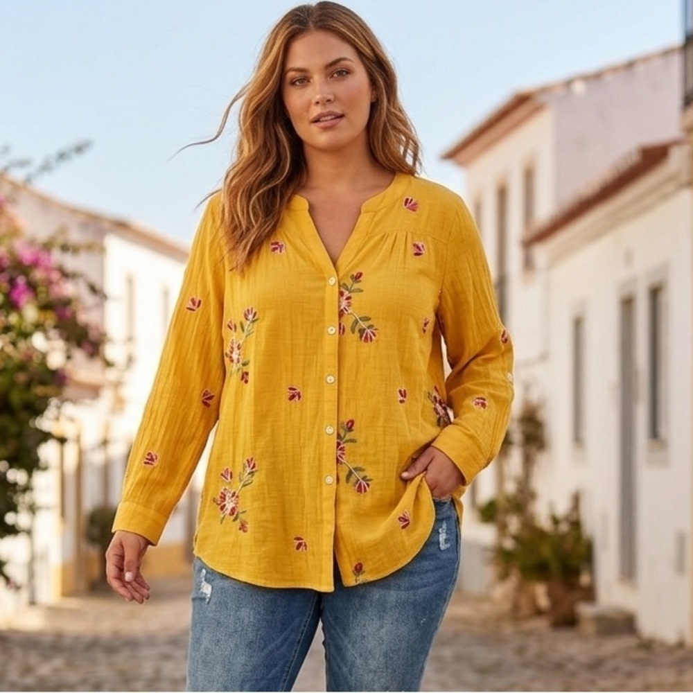 Fig and Flower Boho Embroidered Gauze Button Up Blouse Mustard Yellow Plus 2XL
